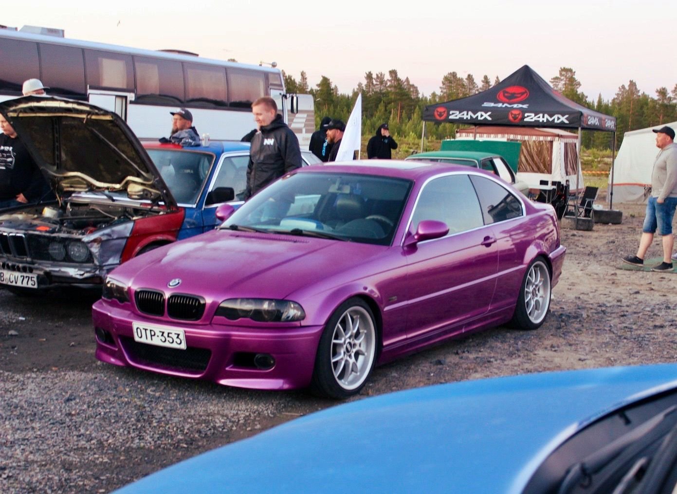 Purple BMW 3 Series E46 at a show with the hood up &ndash; Wicked Street Customs