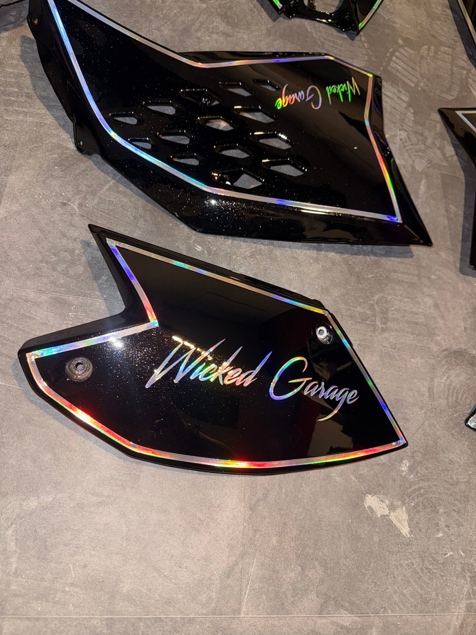 Custom painted panel with Wicked Garage lettering and holographic paint &ndash; Wicked Street Customs